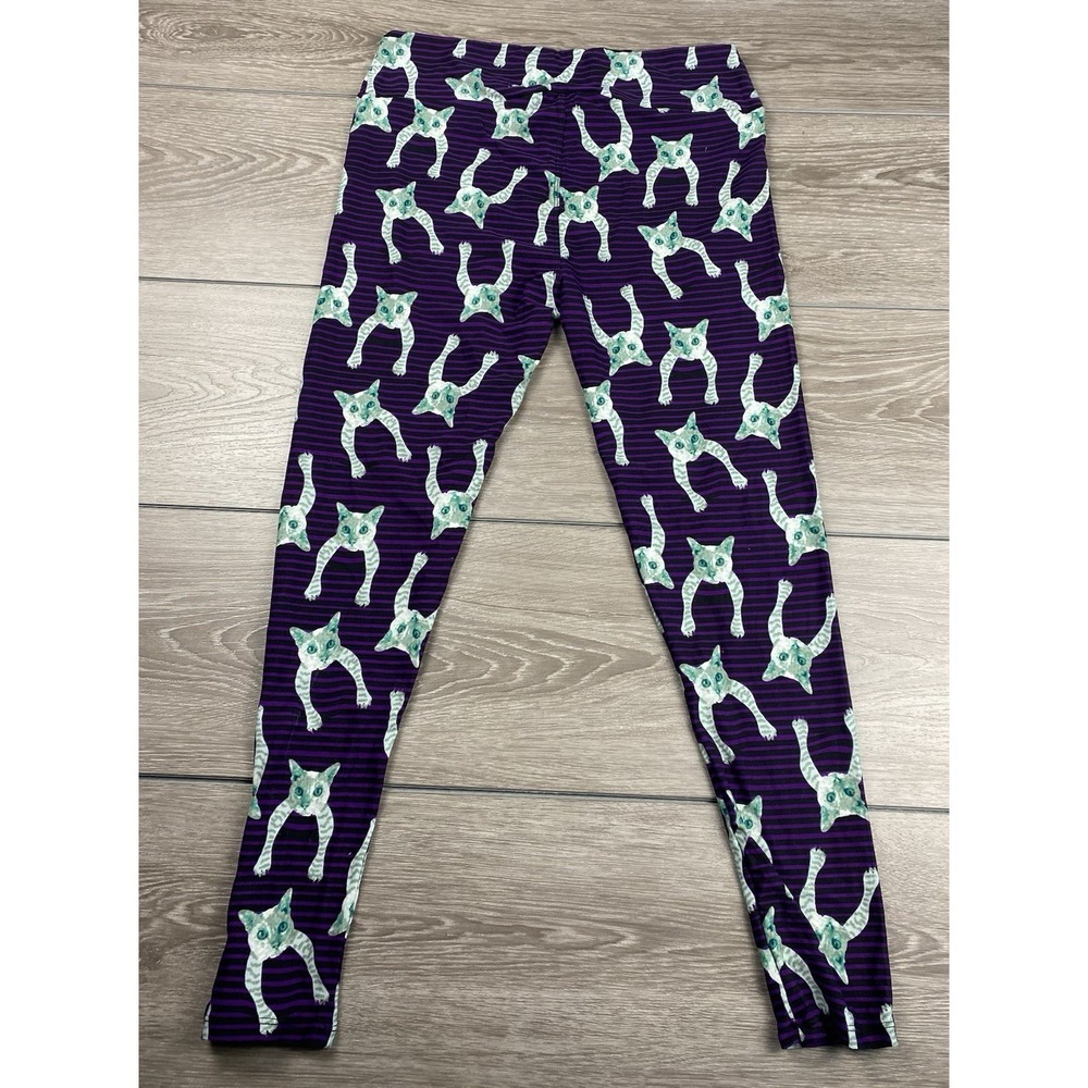 Lularoe Women's Pull On Stretch Striped Cat Print Leggings Purple Sz Tall Curvy - Picture 5 of 11